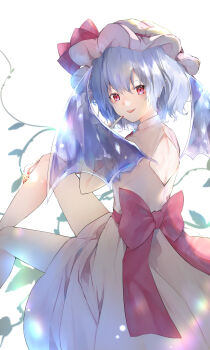 1girl :p absurdres alternate_costume alternate_wings back_bow back_cutout blue_hair blue_wings bow brooch closed_mouth clothing_cutout commentary_request dress hat hat_ribbon highres jewelry looking_at_viewer minatsuki_yurara mob_cap pink_dress pink_hat red_bow red_eyes red_nails remilia_scarlet ribbon simple_background smile solo tongue tongue_out touhou white_background wings