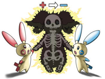 :o audino blue_eyes dakusei electricity electrocution gen_3_pokemon gen_5_pokemon holding_hands looking_at_viewer minun nintendo o_o open_mouth physics plusle pokemon pokemon_(creature) skeleton