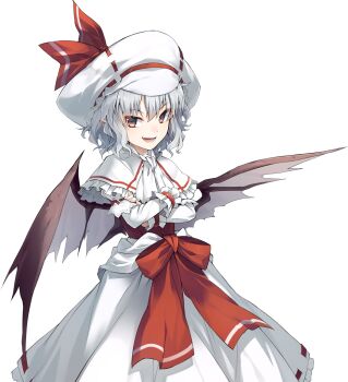1girl ascot bat_(animal) bat_wings capelet crossed_arms eho_(icbm) game_cg grey_hair hat hat_ribbon labyrinth_of_touhou_(series) labyrinth_of_touhou_tri long_sleeves looking_at_viewer medium_hair non-web_source official_alternate_costume official_art open_mouth pointy_ears red_eyes remilia_scarlet ribbon shirt skirt smile solo touhou touhou_sangetsusei transparent_background white_ascot white_capelet white_hat white_shirt white_skirt wings