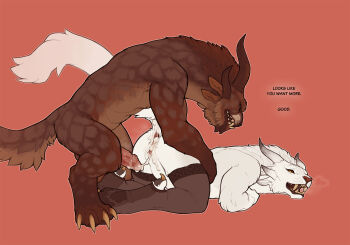 1boy 1girl 2016 after_anal aftersex all_fours anal anus brown_fur charr_(guild_wars) claws cum cum_in_ass cum_in_pussy cum_on_body cum_on_penis cum_string english_text erection fangs fluffy furry gaping guild_wars_(series) horns leaking nude open_mouth orange_background orgasm penis pussy simple_background snowskau tail teeth thighhighs white_fur yellow_eyes