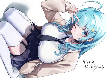1girl absurdres ahoge aqua_hair black_necktie black_skirt breasts character_request commentary_request commission copyright_request grin gyaru hair_ornament hairclip highres large_breasts long_hair long_sleeves looking_at_viewer nanashinayuzu_mochi necktie one_eye_closed plaid_clothes plaid_skirt shirt sitting skeb_commission skirt smile solo star_(symbol) star_hair_ornament thank_you thigh_focus thighhighs thighs wariza white_shirt white_thighhighs zettai_ryouiki