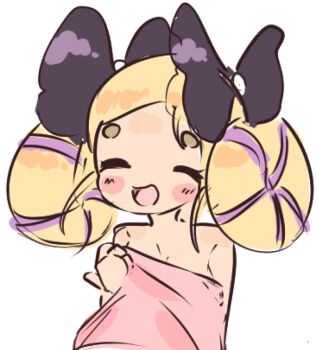 1girl bare_shoulders blush bow chibi closed_eyes elise_(fire_emblem) elise_(hostile_springs)_(fire_emblem) fire_emblem fire_emblem_fates floors hair_bow hair_buns nintendo official_alternate_costume simple_background sketch solo towel