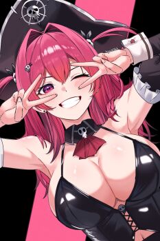 1girl absurdres arm_bow armpits black_corset blush breasts cleavage corset dutch_angle goddess_of_victory:_nikke hair_intakes hair_ornament hat heart heart_hands heart_hands_over_eye heart_in_eye highres hyuiil365 large_breasts mast_(nikke) mast_(romantic_maid)_(nikke) pirate pirate_hat skull_collar skull_hair_ornament smile solo symbol_in_eye teeth twitter_username two_side_up upper_body white_wrist_cuffs wrist_cuffs