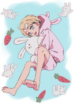 1boy animal_hood barefoot carrot hair_ornament hairclip highres hood hoodie hugging_object male_focus multicolored_hair open_mouth original pink_hoodie rabbit_hood short_hair shorts solo stuffed_toy sup_(wwwsupwww) two-tone_hair