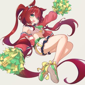 1girl absurdres animal_ears bare_shoulders blush cheerleader cropped_shirt green_eyes highres horse_ears horse_girl horse_tail jacket long_hair looking_at_viewer modi navel open_clothes open_jacket open_mouth ponytail red_hair red_jacket shirt shoes sidelocks skirt sleeveless sleeveless_shirt solo stomach tail teeth umamusume upper_teeth_only white_shirt white_shoes white_skirt win_variation_(umamusume)