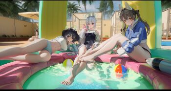 Rule 34 | 4girls, absurdres, art study, bikini, bikini bottom only, black one-piece swimsuit, blue archive, blue bikini, blue halo, blue hoodie, breasts, brown hair, bucket hat, casual one-piece swimsuit, commentary, crop top, cropped hoodie, dingding (chongsangjun), frilled one-piece swimsuit, frills, green halo, halo, hat, highres, hood, hoodie, jacket, large breasts, lying, miyako (blue archive), miyako (swimsuit) (blue archive), miyu (blue archive), miyu (swimsuit) (blue archive), moe (blue archive), moe (swimsuit) (blue archive), multicolored jacket, multiple girls, off-shoulder one-piece swimsuit, off shoulder, official alternate costume, official alternate hairstyle, on side, one-piece swimsuit, purple eyes, rabbit platoon (blue archive), raglan sleeves, rash guard, saki (blue archive), saki (swimsuit) (blue archive), swimsuit, twintails, two-tone jacket, white hair, yellow eyes, yellow halo