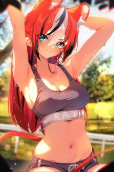 Rule 34 | 1girl, alternate costume, animal ear fluff, animal ears, arm behind head, armpits, arms up, black hair, black shorts, black sports bra, black streaks, blue eyes, breasts, cleavage, commentary, double-parted bangs, grass, hair between eyes, hakos baelz, highres, hololive, hololive english, light particles, looking at viewer, medium breasts, mouse ears, mouse tail, multicolored hair, navel, red hair, shorts, sitting, smile, sports bra, sunlight, sweat, tail, the0neulost, tree, v-shaped eyebrows, virtual youtuber, white hair
