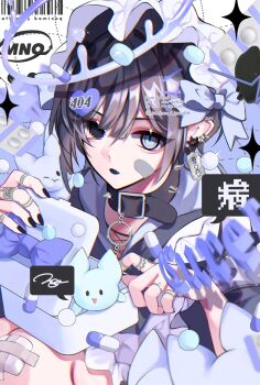 Rule 34 | 1boy, bandaid, bandaid on cheek, bandaid on face, bandaid on knee, bandaid on leg, barcode, black nails, box, earrings, gift, gift box, hair between eyes, halo, heterochromia, highres, jewelry, kaminoq, looking at viewer, maid headdress, male focus, multiple rings, original, pill, pixelated, pointy ears, razor, ribbon, ring, solo, sparkle, watermark