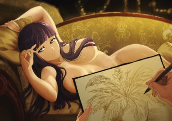 1girl akobeul areola_slip arm_above_head arm_up breasts completely_nude convenient_censoring couch draw_me_like_one_of_your_french_girls_(meme) drawing_(action) drawing_(object) feet_out_of_frame female_focus fern_(sousou_no_frieren) hair_over_breasts hair_over_one_breast hime_cut holding holding_paper holding_pencil indoors large_breasts long_hair looking_at_viewer lying matching_hair/eyes meme modeling name_connection nipple_slip nipples nude nude_modeling on_side paper parted_lips pencil plant potted_plant pov pov_hands pun purple_eyes purple_hair purple_pupils scene_reference sitting solo_focus sousou_no_frieren titanic_(movie)