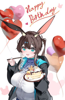 1girl :d absurdres amiya_(arknights) animal_ear_fluff animal_ears aqua_choker aqua_eyes aqua_jacket aqua_nails arknights ascot balloon black_jacket blue_ascot brown_hair cake cake_slice choker commentary_request food frilled_shirt frills hands_up happy_birthday heart_balloon highres holding holding_plate holding_spoon hood hood_down jacket long_hair long_sidelocks long_sleeves looking_at_viewer multicolored_jacket nail_polish open_clothes open_jacket open_mouth plate rabbit_ears rabbit_girl shenmi_de_xigua shirt sidelocks simple_background smile spoon two-tone_jacket upper_body white_background white_shirt