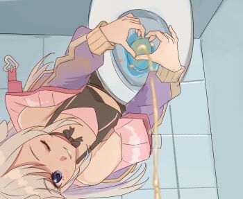 1girl 2025 blush chelly_mcbunny heart heart_hands indie_virtual_youtuber kneeling one_eye_closed pee solo toilet uzhiefreedom wink
