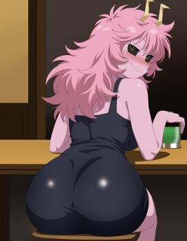 1girl absurdres ashido_mina ashido_mina_time-skip_(meme) ass bare_shoulders black_dress black_sclera blush boku_no_hero_academia breasts chair colored_sclera colored_skin come_hither commentary dress drink english_commentary from_behind highres horns large_breasts looking_at_viewer nose_blush official_alternate_costume pink_hair pink_skin sitting smile solo table tsubasadraw yellow_eyes