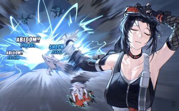 1girl adjusting_hair afterimage arm_pouch armpits asymmetrical_gloves black_gloves black_hair black_sports_bra breasts cleavage closed_eyes collarbone commentary electricity english_commentary english_text ethereal_(zenless_zone_zero) explosive fingerless_gloves fishnet_gloves fishnets gloves goggles goggles_on_head grace_howard grenade hair_slicked_back hand_in_own_hair hand_on_own_head highres holding holding_grenade large_breasts meme mismatched_gloves motion_blur naoya_hitting_choso_without_looking_(meme) parted_lips scene_reference single_fingerless_glove sparkle sports_bra upper_body white_gloves xize9247 zenless_zone_zero zipper_top