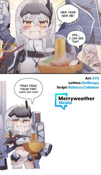 absurdres armor at2. bandaged_leg bandaged_stomach bandaged_waist bandages bare_shoulders black_gloves breasts cecil_(nikke) chopsticks cloak commentary creature dog_tags doro_(nikke) dorothy_(nikke) eating english_commentary gloves goddess_of_victory:_nikke hair_bun head-mounted_display highres holding holding_chopsticks large_breasts long_hair mechanical_arms meme merryweather multiple_girls official_alternate_costume official_alternate_design pink_hair scar scar_on_leg scar_on_stomach scar_on_thighs shirt single_side_bun snow_white_(heavy_arms)_(nikke) snow_white_(nikke) torn_cloak torn_clothes very_long_hair visor_(armor) visor_lift white_cloak white_hair yellow_eyes