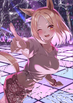 1girl absurdres animal_ears blonde_hair blurry blurry_background breasts commentary_request crown ear_through_crown hachiroku_(hatirokusann86) highres horse_ears horse_girl horse_tail looking_at_viewer medium_breasts midriff narita_top_road_(umamusume) navel one_eye_closed open_mouth red_scrunchie scrunchie shirt short_hair short_sleeves smile solo t-shirt tail tied_shirt umamusume white_shirt wrist_scrunchie yellow_eyes