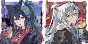 Rule 34 | 2girls, animal ear piercing, animal ears, aqua eyes, arknights, black eyes, black gloves, black hair, black jacket, bolo tie, collared shirt, colored inner hair, drink, duany, fur-trimmed jacket, fur trim, glint, gloves, grey hair, hair between eyes, hair ornament, hairclip, highres, holding, holding drink, italian text, jacket, lappland (arknights), long hair, long sleeves, looking at viewer, multicolored eyes, multicolored hair, multiple girls, official alternate costume, parted lips, ponytail, red eyes, red gloves, red hair, red shirt, scar, scar across eye, scar on face, shirt, smile, texas (arknights), texas (willpower) (arknights), translation request, two-tone eyes, upper body, wolf ears, wolf girl