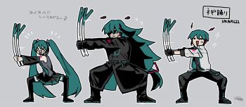 >_< 1girl 2boys =_= atuhi black_boots black_coat black_eyes black_pants black_sleeves blue_hair blue_necktie boots coat collared_shirt commentary_request detached_sleeves facial_hair food full_body genderswap genderswap_(ftm) goatee_stubble grey_shirt hair_ornament hair_over_one_eye hatsune_miku headset highres holding holding_food holding_spring_onion holding_vegetable jacket long_hair mature_male miku-oji multiple_boys mustache_stubble necktie number_print open_mouth pants shirt short_hair simple_background skirt sleeveless sleeveless_shirt smile spring_onion stubble thigh_boots twintails vegetable very_long_hair vocaloid white_background white_jacket