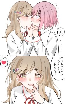 2girls amaori_renako ashigaya_high_school_uniform blush bow bowtie brown_eyes brown_hair closed_eyes collared_shirt commentary heart highres holding_hands interlocked_fingers kiss medium_hair multiple_girls pink_hair pomunosuke purple_eyes red_bow red_bowtie school_uniform sena_ajisai shirt speech_bubble spoken_heart sweat translation_request watashi_ga_koibito_ni_nareru_wake_naijan_murimuri! white_shirt yuri