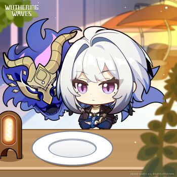 1girl black_gloves black_jacket chibi chibi_only chimera_(wuthering_waves) commentary copyright_notice crossed_arms english_commentary galbrena_(wuthering_waves) gloves grey_hair highres jacket logo medium_hair official_art purple_eyes tacet_discord_(wuthering_waves) template wuthering_waves