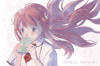 Rule 34 | 1girl, baka to test to shoukanjuu, collared shirt, gensou getsumen rt, highres, himeji mizuki, long hair, pink hair, purple eyes, school uniform, shirt, short sleeves, solo, white background, white shirt