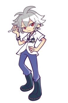 Rule 34 | 1boy, antenna hair, aohitsugi samatoki, bead bracelet, beads, black boots, blue pants, boots, bracelet, captive bead ring, cigarette, collared shirt, commentary, ear piercing, earrings, english commentary, expressionless, frown, full body, hair between eyes, hand on own hip, hand up, highres, holding, holding cigarette, hypnosis mic, jewelry, kermitrolling, knee boots, looking at viewer, male focus, multiple piercings, pants, parody, piercing, puyopuyo, red eyes, shirt, short hair, short sleeves, silver bracelet, simple background, skull print, smoking, solo, standing, style parody, takenami hideyuki (style), triangle necklace, white background, white hair, white shirt