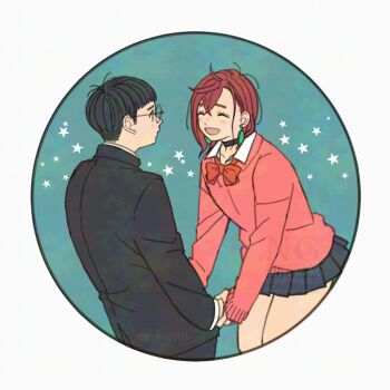 1boy 1girl aqua_background ayase_momo black_choker black_hair black_jacket black_pants blue_sky border bow bowtie breasts brown_hair choker closed_eyes collared_shirt commentary_request couple crossed_bangs dandadan earrings gakuran glasses hetero holding_hands jacket jewelry k_ysd001 looking_at_another medium_breasts open_mouth pants pink_sweater pleated_skirt red_bow red_bowtie round_eyewear school_uniform shirt short_hair skirt sky smile straight_hair sweater takakura_ken_(dandadan) twitter_username upper_body white_border white_shirt