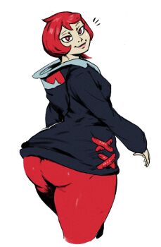 Rule 34 | 1girl, arezu (pokemon), ass, blue jacket, boots, cowlick, diamond clan outfit, highres, huge ass, jacket, lips, long sleeves, looking at viewer, looking back, nintendo, pantyhose, pokemon, pokemon legends: arceus, red eyes, red hair, redblacktac, simple background, smile, solo, teeth, white background