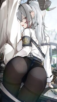 1girl absurdres ahoge anus anus_peek armband ass black_armband black_horns black_panties black_pants breasts can clothes_pull commentary cowboy_shot curled_horns drink_can from_behind grey_hair hashtag-only_commentary highres horns indoors large_breasts long_hair looking_at_viewer looking_back multicolored_hair open_mouth panties panties_under_pantyhose pants pants_pull pantyhose partially_visible_vulva pen red_eyes revision ryeon_(naturesan) shirt solo streaked_hair thighband_pantyhose underwear white_shirt wuthering_waves zani_(wuthering_waves)