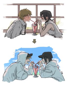 1boy 1girl absurdres black_choker black_hair black_necktie blonde_hair blue_sky blush chainsaw_man choker collared_shirt crazy_straw day denji_(chainsaw_man) drinking drinking_straw elbow_on_table embarrassed emphasis_lines hair_between_eyes happy hat heart_straw highres hood hood_down hoodie leaning_forward looking_at_another medium_hair necktie nervous reze_(chainsaw_man) shared_drink sharp_teeth shirt short_hair simple_background sky sleeveless sweat tasuketemama teeth white_background white_hoodie white_shirt window