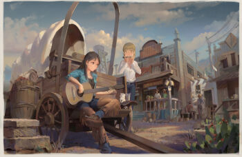2girls absurdres aqua_vest barrel belt black_shirt blonde_hair blue_pants blue_sky boots brown_hair building cactus cat chinese_commentary cloud cloudy_sky commentary_request covered_wagon cowboy_boots cowboy_western denim guitar hair_over_shoulder harmonica highres holding holding_guitar holding_instrument hotel instrument jeans long_hair medium_hair multiple_girls music original outdoors pants people playing_guitar playing_instrument power_lines psi_(583278318) shirt sitting sky spurs standing town utility_pole vest wagon water_tower white_shirt