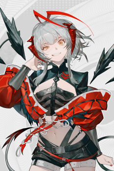1girl antenna_hair arknights black_shirt black_shorts contrapposto cowboy_shot crop_top cropped_jacket cropped_shirt domma1124 elevation_contour_lines grey_hair hand_in_own_hair hashtag-only_commentary highres jacket looking_at_viewer multicolored_hair navel o-ring off_shoulder red_jacket shirt short_hair_with_long_locks short_shorts shorts solo standing streaked_hair teeth uneven_eyes w_(arknights) wis&#039;adel_(arknights) yellow_eyes