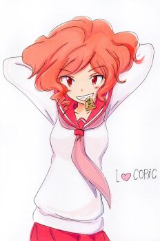 1girl arms_behind_head arms_up blush breasts collarbone commentary_request contrapposto copic_(brand) fluffy_hair grin haibara_nanaka heart highres kami_nomi_zo_shiru_sekai long_sleeves looking_at_viewer marker_(medium) medium_breasts medium_hair mouth_hold neckerchief open_mouth parted_bangs partial_commentary pink_neckerchief potekite red_eyes red_hair red_sailor_collar red_skirt sailor_collar school_uniform shirt shogi_piece simple_background skirt smile solo standing straight-on teeth_hold traditional_media upper_body v-shaped_eyebrows white_background white_shirt