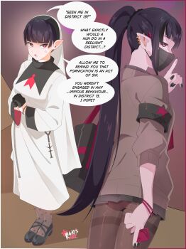 1girl absurdres anger_vein armband ass_peek bag between_fingers black_hair black_nails black_skirt breasts brown_jacket brown_pantyhose commentary condom condom_wrapper ear_piercing english_commentary english_text finger_to_mouth from_behind highres holding jacket kiakisart long_hair looking_at_viewer microskirt mouth_hold nun nun_headdress original own_hands_clasped own_hands_together pantyhose piercing pointy_ears ponytail red_eyes robe shoulder_bag shushing skirt veil white_robe white_veil