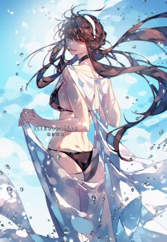 1girl ass bikini black_bikini black_hair breasts chaoxibumian cowboy_shot hair_between_eyes hairband highres large_breasts long_hair looking_at_viewer open_mouth red_eyes sideboob sidelocks smile solo spy_x_family swimsuit updo water_drop white_hairband yor_briar