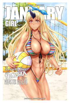 1girl 2018 abs ball beach beach_volleyball bikini black_horns blonde_hair blue_bow blue_sky blush bow breasts closed_mouth commentary cowboy_shot day english_commentary english_text hair_bow holding holding_ball horns january jewelry krabbytheartist large_breasts long_hair looking_at_viewer monster_musume_no_iru_nichijou multicolored_bikini muscular muscular_female navel necklace outdoors palm_tree patreon_username pointy_ears rainbow_bikini red_eyes single_horn sky smile solo striped_bikini striped_clothes swimsuit tan tionishia tree very_long_hair volleyball volleyball_(object) volleyball_net watermark web_address whistle whistle_around_neck