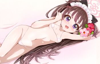 1girl arm_behind_head arm_up bed bikini blue_archive blush breasts brown_hair collarbone embarrassed eyelashes feet_out_of_frame female_focus flower flower_on_head halo hand_up loli long_hair looking_at_viewer lying micro_bikini navel nervous on_bed on_side open_mouth pink_halo purple_eyes shizuko_(blue_archive) small_breasts smile solo swimsuit twintails variant_set white_bikini yuzukiaz
