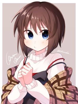 Rule 34 | 1girl, :t, blue eyes, blunt ends, blush, bob cut, border, brown hair, brown shawl, clenched hands, closed mouth, commentary request, eyes visible through hair, furrowed brow, hair between eyes, hands up, highres, kanon, looking at viewer, misaka shiori, outside border, own hands together, plaid clothes, plaid shawl, pout, ribbed sweater, shawl, short hair, solo, squiggle, strap slip, sweater, turtleneck, turtleneck sweater, twitter username, upper body, white border, white sweater, xdjf63qbpt0iqmj