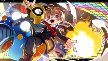 Rule 34 | 1boy, banana peel, black background, black shirt, blonde hair, blue eyes, car, chibi, commentary request, driving, full body, fura kanato, highres, jisshu, letterboxed, long sleeves, looking to the side, male focus, mario (series), mario kart, motor vehicle, multicolored hair, nijisanji, nintendo, open mouth, orange hair, rainbow road, scarf, shirt, simple background, smile, solo, streaked hair, teeth, upper teeth only, virtual youtuber, white scarf