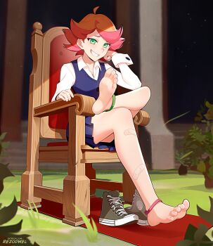 Rule 34 | 1girl, amanda o'neill, anklet, bandaid, bandaid on leg, barefoot, chair, crossed legs, feet, green eyes, grin, highres, jewelry, legs, little witch academia, looking at viewer, multicolored hair, orange hair, rezodwel, school uniform, shoes, short hair, sitting, skirt, smile, soles, solo, toenails, toes, two-tone hair, unworn shoes