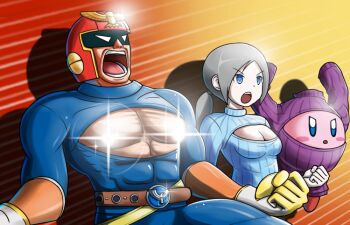 abs blue_eyes blush_stickers breasts captain_falcon cleavage cleavage_cutout clothing_cutout f-zero helmet kirby kirby_(series) nintendo open-chest_sweater open_mouth pale_skin pi_(p77777778) super_smash_bros. sweater turtleneck wii_fit wii_fit_trainer wii_fit_trainer_(female)
