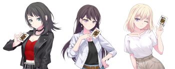 Rule 34 | 3girls, absurdres, bang dream!, bang dream! it's mygo!!!!!, belt, black belt, black choker, black hair, black jacket, black shirt, blonde hair, blue eyes, breasts, brown belt, brown skirt, card, chinese commentary, choker, cleavage, closed mouth, collarbone, commentary request, commission, dd wan su, earrings, highres, holding, holding card, jacket, jewelry, long hair, medium breasts, medium hair, midriff, misumi uika, mole, mole under eye, multiple girls, navel, necklace, one eye closed, open clothes, open jacket, playing card, purple eyes, red shirt, second-party source, shiina taki, shirt, short sleeves, simple background, single earring, skirt, transparent background, upper body, white jacket, white shirt, yahata umiri