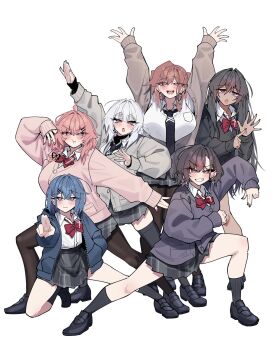 6+girls :/ :d :o ahoge ankle_socks arm_up bad_tag bent_over black_cardigan black_hair black_nails black_necktie black_shoes black_socks black_thighhighs blue_eyes blue_hair blue_hoodie blush bored bow bowtie braid breasts brown_cardigan brown_eyes brown_hair brown_pantyhose cardigan dark-skinned_female dark_skin determined full_body grey_cardigan grey_eyes grey_nails grey_skirt grin group_pose hair_between_eyes hair_intakes hair_ornament hairpin hands_up highres hood hoodie huge_breasts kneeling konno_you_(warabi_mochi_(w4rabimochi)) kozakura_men_(warabi_mochi_(w4rabimochi)) large_breasts loafers long_hair looking_at_viewer loose_hair_strand medium_breasts medium_hair messy_hair multiple_girls necktie open_cardigan open_clothes open_hoodie open_mouth original otonari_yoko pantyhose pink_cardigan pink_eyes pink_hair pink_nails plaid_clothes plaid_skirt pleated_skirt pointing pointing_at_hand pointing_at_viewer pout purple_cardigan red_bow school_uniform sendou_ema_(warabi_mochi_(w4rabimochi)) shirt shoes sidelocks skindentation skirt sleeves_past_wrists small_breasts smile socks squatting standing teeth thighhighs tsurime undershirt unkempt upper_teeth_only usumi_nodoka_(warabi_mochi_(w4rabimochi)) warabi_mochi_(w4rabimochi) watadono_airu wavy_mouth white_background white_hair white_shirt