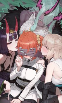 4girls ahoge bare_shoulders belt black_pantyhose black_skirt blush breasts chorogon collared_shirt eyeliner fate/grand_order fate_(series) fujimaru_ritsuka_(female) hair_ornament hair_scrunchie headpiece highres horns ibuki_douji_(fate) ibuki_douji_(second_ascension)_(fate) japanese_clothes kimono long_sleeves looking_at_viewer makeup medium_breasts multiple_girls off_shoulder okita_souji_(fate) okita_souji_(koha-ace) okita_souji_(second_ascension)_(fate) one_side_up oni open_mouth orange_hair orange_scrunchie pantyhose purple_eyes purple_hair purple_kimono revealing_clothes scrunchie shirt short_hair shuten_douji_(fate) skin-covered_horns skirt small_breasts thighs voice_actor_connection white_shirt wide_sleeves yuri yuuki_aoi