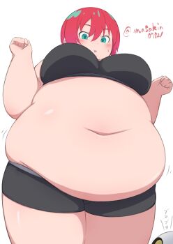 1girl amate_yuzuriha arms_up belly big_belly black_shorts blush breasts fat fat_woman from_below green_eyes gundam gundam_gquuuuuux gym_shorts haro masakin medium_breasts muffin_top navel obese open_mouth red_hair short_hair short_shorts shorts skindentation solo standing sweat thick_arms thick_thighs thighs twitter_username white_background