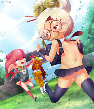 3girls age_difference backpack bag bare_legs born-to-die braid bread bread_slice breastless_clothes breasts buruma cameltoe cleft_of_venus closed_eyes clothes_lift cloud collar crotchless crying crying_with_eyes_open detached_collar dutch_angle fang finley fish_girl flat_chest food food_in_mouth gerudo glasses grass green_eyes gym_uniform hair_bun highres jewelry knees_together_feet_apart large_breasts leaves loli long_hair looking_back maebari microskirt monster_girl mouth_hold multiple_girls necktie nintendo nipples no_panties outdoors pleated_skirt purah purah_(young) purple_legwear pussy randoseru red_eyes red_hair riju running school_swimsuit shirt shoes single_braid single_hair_bun skirt skirt_lift sky socks sweat swimsuit t-shirt tears the_legend_of_zelda the_legend_of_zelda:_breath_of_the_wild thighhighs toast toast_in_mouth topless_female uwabaki very_long_hair white_hair white_legwear white_shirt wind wind_lift zora