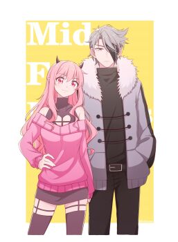 Rule 34 | 1boy, 1girl, antenna hair, arm at side, bare shoulders, belt, black belt, black horns, black pants, black sweater, border, brown shirt, brown skirt, brown thighhighs, cleavage cutout, closed mouth, clothing cutout, collarbone, commentary request, cropped legs, eyepatch, friday night funkin', fur-trimmed jacket, fur trim, garter straps, green eyes, grey hair, grey jacket, hair behind ear, hair between eyes, hair over shoulder, hand in pocket, hand on own hip, heart cutout, herliearse, highres, horns, humanization, jacket, long hair, long sleeves, looking at viewer, off-shoulder sweater, off shoulder, outside border, pants, pencil skirt, pink sweater, pointy ears, puffy long sleeves, puffy sleeves, ruvyzvat (friday night funkin'), sarvente (friday night funkin'), shirt, short hair, sidelocks, simple background, skirt, sleeveless, sleeveless shirt, sleeveless turtleneck, standing, sweater, thighhighs, turtleneck, turtleneck shirt, turtleneck sweater, twitter username, white border, yellow background