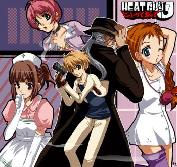 00s 2boys 3girls asymmetrical_clothes blonde_hair blue_eyes blush braid brown_eyes brown_hair choker daisuke_aurora elbow_gloves gloves green_eyes gun hat heat_guy_j j_(heat_guy_j) kyoko_milchan long_hair monica_gabriel multiple_boys multiple_girls nurse one_eye_closed pink_hair ponytail short_hair silver_hair single_thighhigh thighhighs weapon wink