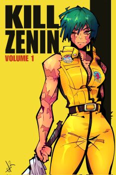 Rule 34 | 1girl, alpharecdyt, beatrix kiddo, beatrix kiddo (cosplay), breasts, burn scar, cleavage, commentary, cosplay, english commentary, green hair, highres, holding, holding sword, holding weapon, jujutsu kaisen, jumpsuit, kill bill, looking at viewer, movie poster (medium), multiple scars, muscular, muscular female, no bra, one eye closed, partially unzipped, poster parody, scar, scar across eye, scar on arm, scar on face, scars all over, short hair, sleeveless, solo, sword, too many, torn clothes, torn sleeves, weapon, yellow jumpsuit, zen'in maki, zen'in maki (post shibuya)