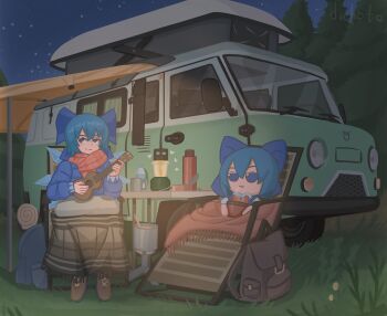 2girls artist_name backpack backpacking_stove bag blue_bow blue_dress blue_eyes blue_hair boots bottle bow camping character_doll cirno commission cup doll dress duhota fairy food fumo_(doll) grass hair_bow highres holding holding_instrument holding_ukulele ice ice_wings instrument long_sleeves medium_hair motor_vehicle multiple_girls music night night_sky outdoors playing_instrument portable_stove recreational_vehicle scarf sitting skirt sky smile star_(sky) starry_sky table thermos touhou tree ukulele wings
