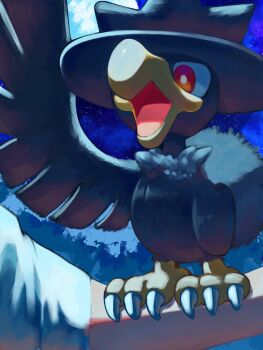 1other animal_focus animal_on_arm beak bird bird_on_arm crow full_moon gen_2_pokemon highres moon murkrow night night_sky nintendo open_mouth outdoors p9kfxaofqi54546 pokemon pokemon_(creature) pokemon_focus pokemon_on_arm red_eyes sky solo_focus talons wings